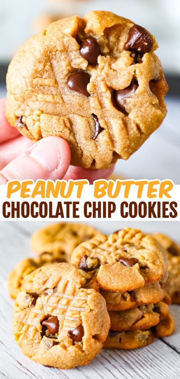 the peanut butter chocolate chip cookies are stacked on top of each other