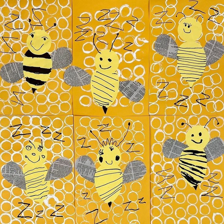 four bees are painted on yellow paper with circles in the shape of honeycombs