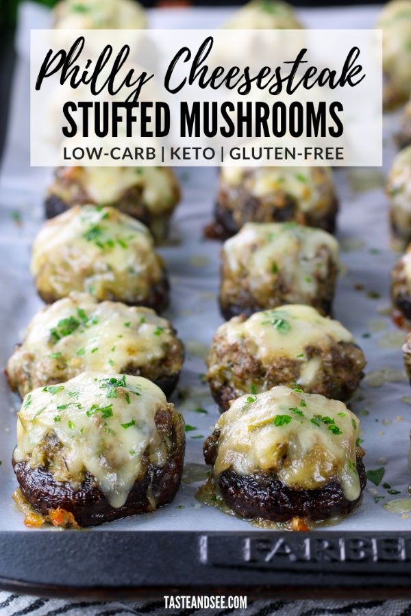 cheesesteak stuffed mushrooms on a baking sheet with the title text overlay reads, fully cheesesteak stuffed mushrooms low carb keto gluten - free