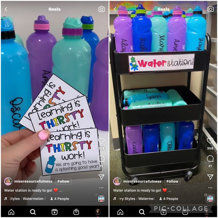 two photos side by side, one with water bottles and the other with writing on it