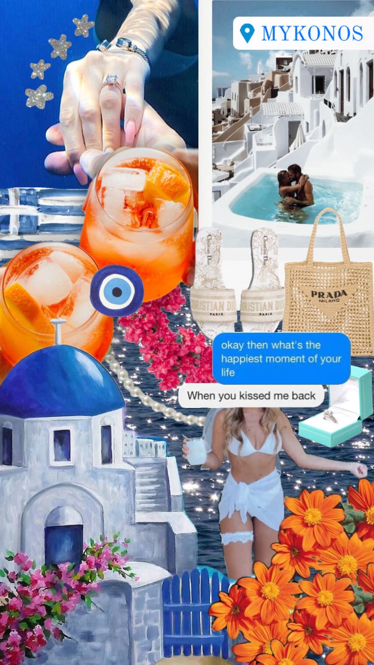 a collage of photos and texting with an image of a woman in bikinis