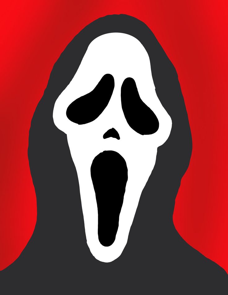 a person with their mouth wide open in front of a red background that has a black and white scream mask on it