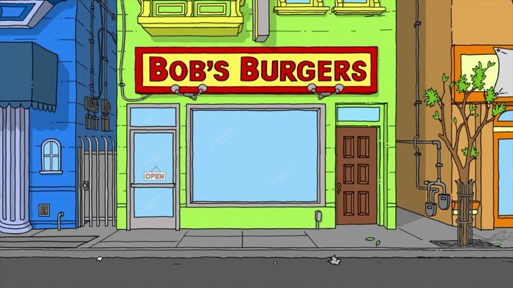 an image of bob's burgers on the street in front of some buildings