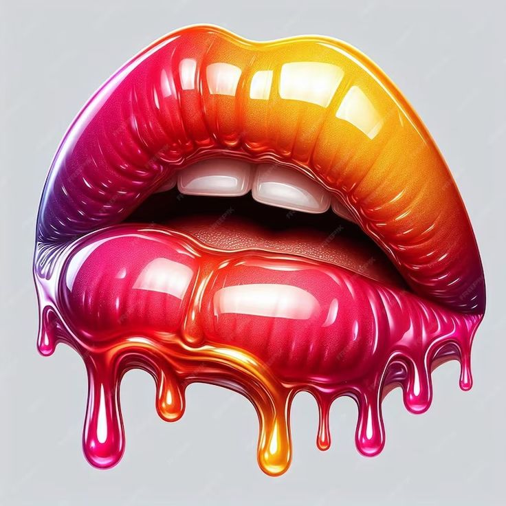 two colorful lips with dripping liquid on the bottom and one is red, yellow, orange, and pink