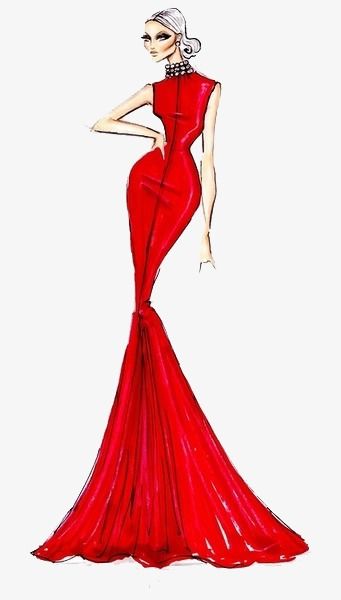 a drawing of a woman in a red dress with her hand on her hip,