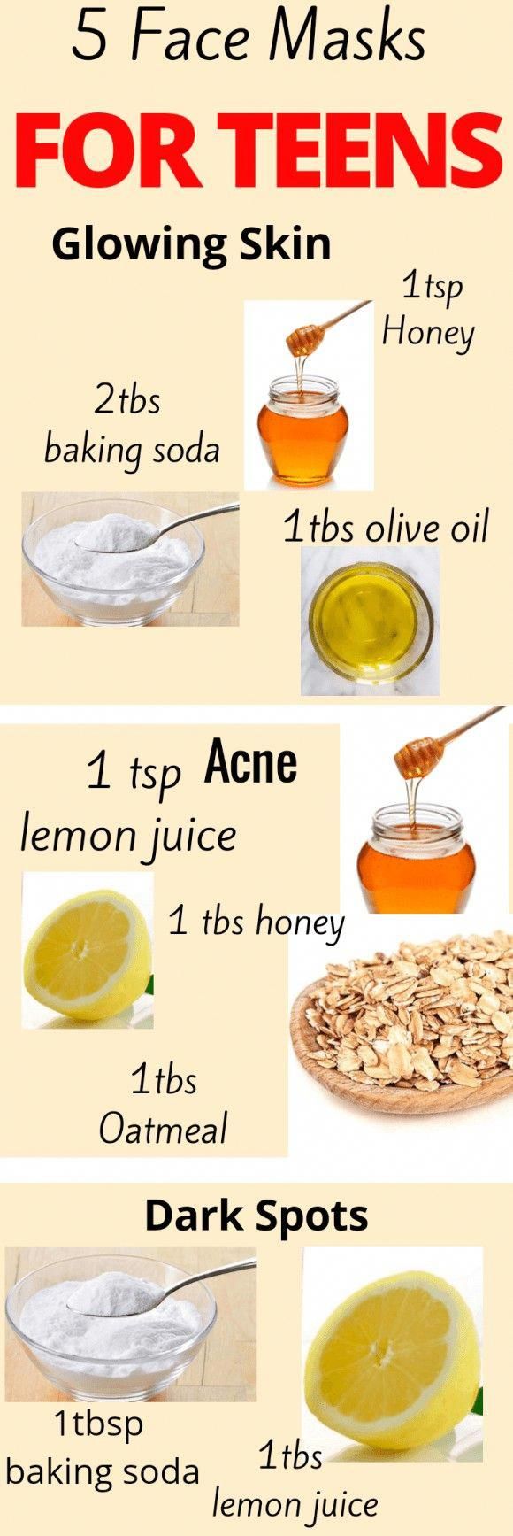 5 Effective Homemade face mask For Teens Face Mask For Teens, Baking Soda Lemon Juice, Obličejové Masky, Homemade Face Mask, Skin Face Mask, Cheap Skin Care Products, Acne Oil, Homemade Facials, Face Mask Recipe