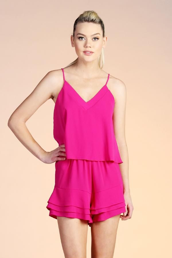 This super comfortable romper features a banded v-neckline, elastic waist and a triple tiered ruffle bottom hemline detail. Say that five times fast. Pair with nude heels and a clutch for an amazing 'fit. V neckline Banded neckline detail Elastic-lined waist Ruffle detail on bottom hemline 100% Polyester SKU R-4640 Flirty V-neck Jumpsuits And Rompers For Spring, Feminine V-neck Jumpsuits And Rompers For Night Out, Spring V-neck Ruffled Jumpsuits And Rompers, Flowy V-neck Jumpsuit For Day Out, Flowy V-neck Jumpsuits And Rompers For Summer, V-neck Ruffled Jumpsuits And Rompers For Beach, Summer V-neck Ruffled Jumpsuits And Rompers, V-neck Jumpsuits With Ruffles For The Beach, Pink Ruffled Jumpsuits And Rompers For Date Night