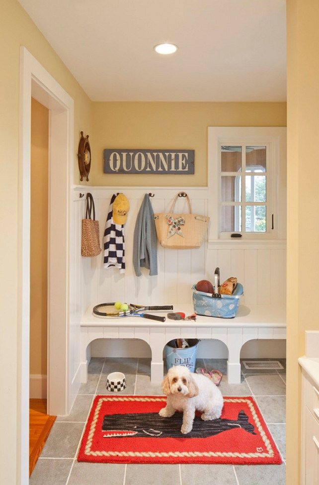 a dog is sitting on a rug in the entryway to a home with yellow walls