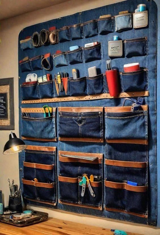 an organized denim pocket hanging on the wall