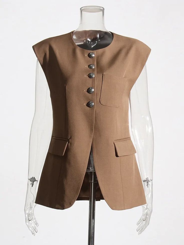 This minimalist waistcoat features exquisite front buttons, creating a sophisticated and timeless silhouette. No matter the occasion, it will elevate your look with its subtle, yet luxurious appeal. Decoration: Button Main Stuffing: Polyester Closure Type: Single Breasted Elegant Beige Vest With Button Closure, Fall Vest With Notch Lapel And Buttons, Elegant Beige Vest With Notch Lapel, Elegant Beige Notch Lapel Vest, Elegant Beige Vest For Semi-formal Occasions, Brown Vest With Button Closure For Work, Elegant Single Breasted Vest For Fall, Stand Collar Vest For Workwear In Fall, Elegant Vest With Notch Lapel And Button Closure