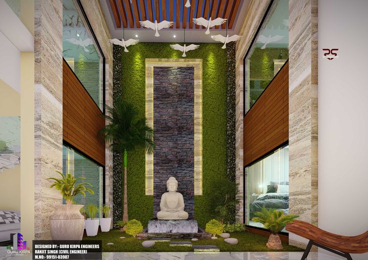 the interior of a house with a buddha statue in the center and plants growing on the walls