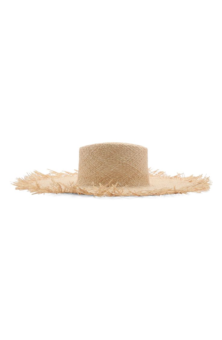 Raw-edged raffia brings a beautifully boho vibe to a wide-brimmed hat that will shade your face with style. Raffia Imported Bohemian Style Palm Leaf Sun Hat For Spring, Bohemian Palm Leaf Straw Hat For Vacation, Bohemian Palm Leaf Hat For Summer, Bohemian Palm Leaf Straw Hat For Spring, Chic Palm Leaf Sun Hat For Spring, Spring Straw Hat In Natural Fiber, Bohemian Palm Leaf Boater Hat For Vacation, Bohemian Palm Leaf Boater Hat For Spring, Bohemian Woven Boater Hat For Summer