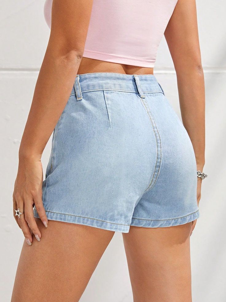 F00224755-101 Casual Light Blue Jean Shorts With Pockets, Light Blue High Rise Denim Bottoms, Casual High Rise Light Blue Jean Shorts, Fitted Denim Casual Bottoms, Casual Fitted Denim Blue Jean Shorts, Casual Light Blue High-rise Jean Shorts, Light Blue High Waist Denim Jean Shorts, High Waist Light Blue Denim Jean Shorts, Light Blue High Waist Casual Jean Shorts