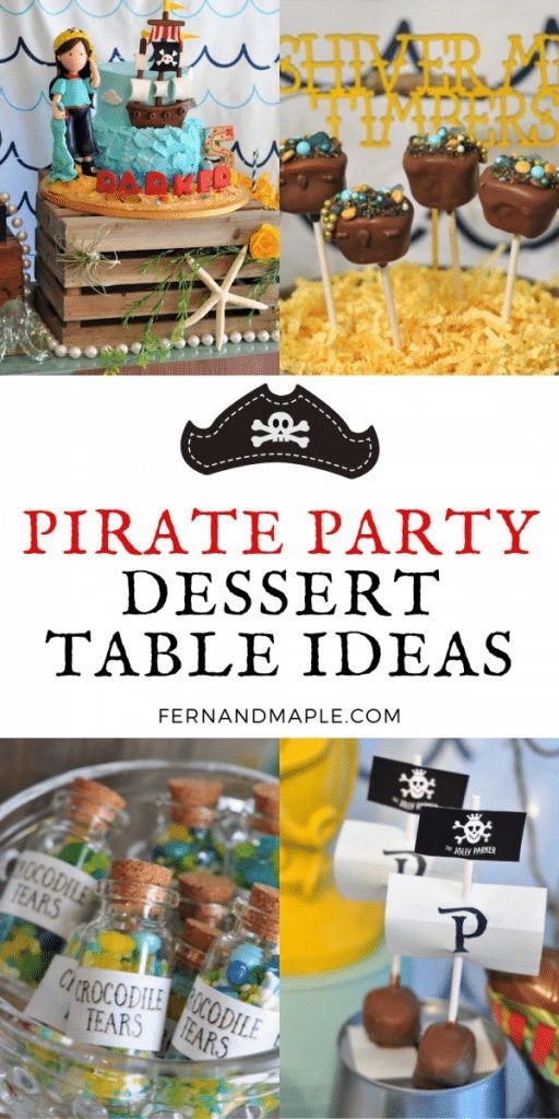 a pirate party dessert table with chocolates and marshmallows on the side