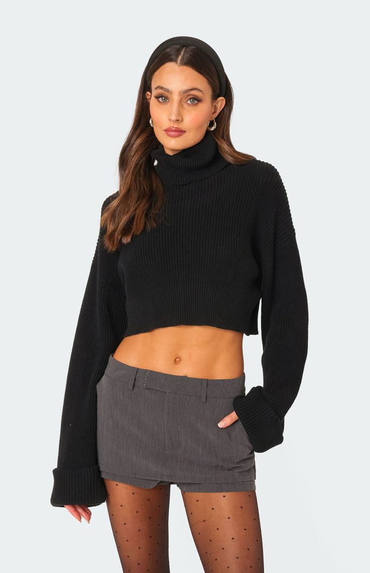 Stay cozy and stylish in the Oversized Turtle Neck Cropped Sweater from Edikted. This sweater is the perfect blend of trendy and comfortable, offering a relaxed fit that ensures you stay warm and cozy all day long. With its oversized design and chic turtle neck, it's a versatile piece that pairs effortlessly with your favorite jeans or leggings for a laid-back yet fashionable look.Oversized fitTurtle neckCropped fitCotton, PolyesterModel wears size XS/SModel height is 5'7Item care: Wash with similar color Edikted Womens Oversized Turtle Neck Cropped Sweater - Black size XS/S Turtleneck Crop Top, Visionary Fashion, Turtle Neck Crop Top, Sweater Oversized, Cropped Tube Top, Black Turtleneck, Crop Top Sweater, Asymmetrical Tops, Cropped Sweater