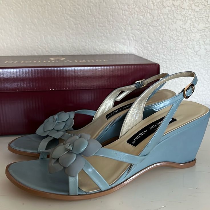 Etienne Aigner Kerzy Wedge Heel Sandals, Grayish Blue, New In Box But Slight Scuff On Back Of Left Shoe. 2.5” Heel. Leather. Size 7. Blue Round Toe Wedge Sandals For Formal Occasions, Blue Formal Wedge Sandals With Round Toe, Blue Wedge Sandals For Summer Formal Events, Blue Wedge Sandals For Formal Summer Events, Elegant Blue Synthetic Wedge Sandals, Beige Sandals, Chestnut Leather, Grayish Blue, Greyish Blue