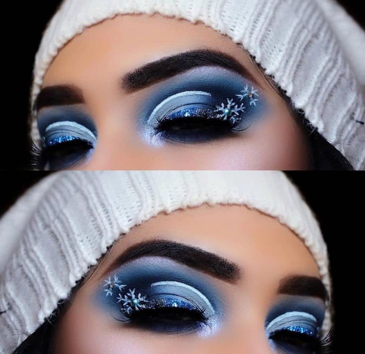 Snow Flake Makeup Look, Blue Christmas Makeup Looks, Gothic Christmas Makeup, White Nails With Accent, Winter Wonderland Makeup Looks, Snowflake Makeup Looks, White Nails With Accent Nail, Blue Christmas Makeup, Snowflake Eye Makeup