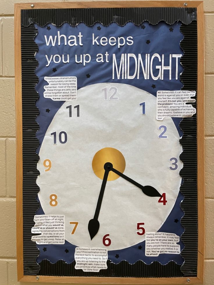 a clock made out of newspaper strips with the words what keeps you up at midnight