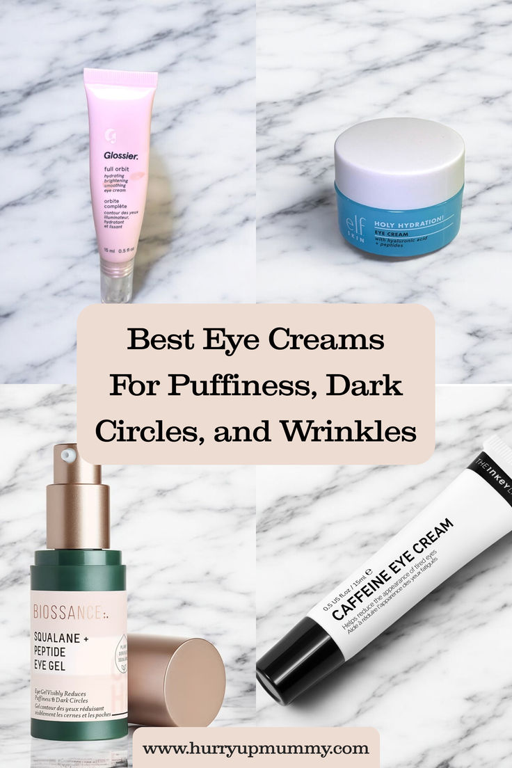 Four hydrating eye creams displayed on a marble surface, featuring a mix of pump and tube packaging designed to reduce puffiness, dark circles, and wrinkles. Best Drugstore Eye Cream, Drugstore Eye Cream, Eyes Dark Circles, Caffeine Eye Cream, Eye Wrinkles, Hydrating Eye Cream, Eyes Dark, Well Rested, Under Eye Wrinkles