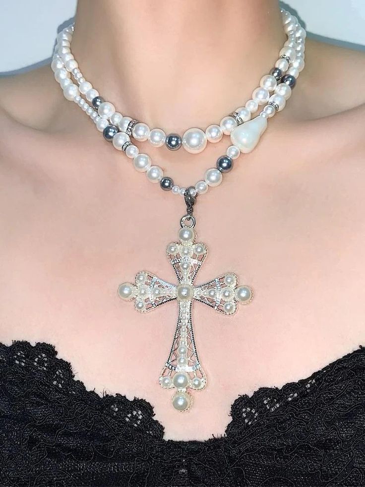 Pearl Cross Pendant Layered Choker Necklace | Jewelry | Three Fleas