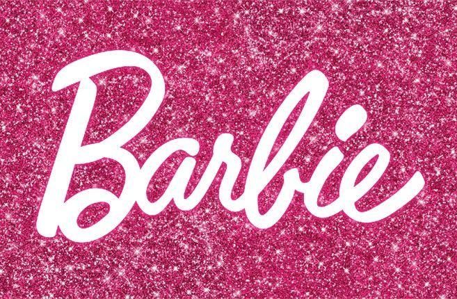 the word barbie written in white on a pink glittered background with small sparkles