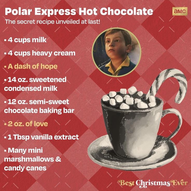 an advertisement for hot chocolate, with the recipe in it's cup and candy cane