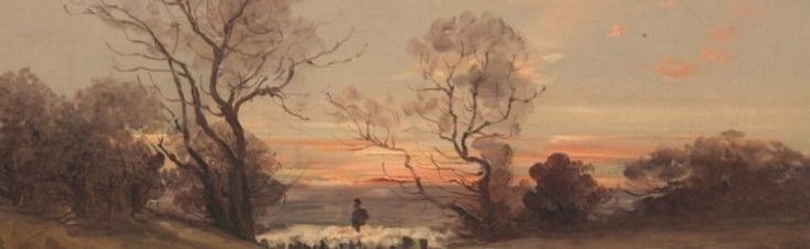 an oil painting of people walking on a path in the woods at sunset or dawn