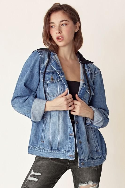 DISTRESSED JACKET WITH DETACHABLE HOODIE – Mota Boutique Oversized Hooded Denim Jacket, Trendy Oversized Hooded Denim Jacket, Trendy Denim Hoodie For Fall, Trendy Winter Denim Hoodie, Fall Denim Hoodie Washed, Spring Denim Washed Hoodie, Spring Denim Hooded Hoodie, Spring Washed Denim Hoodie, Denim Long Sleeve Hooded Jacket For Spring