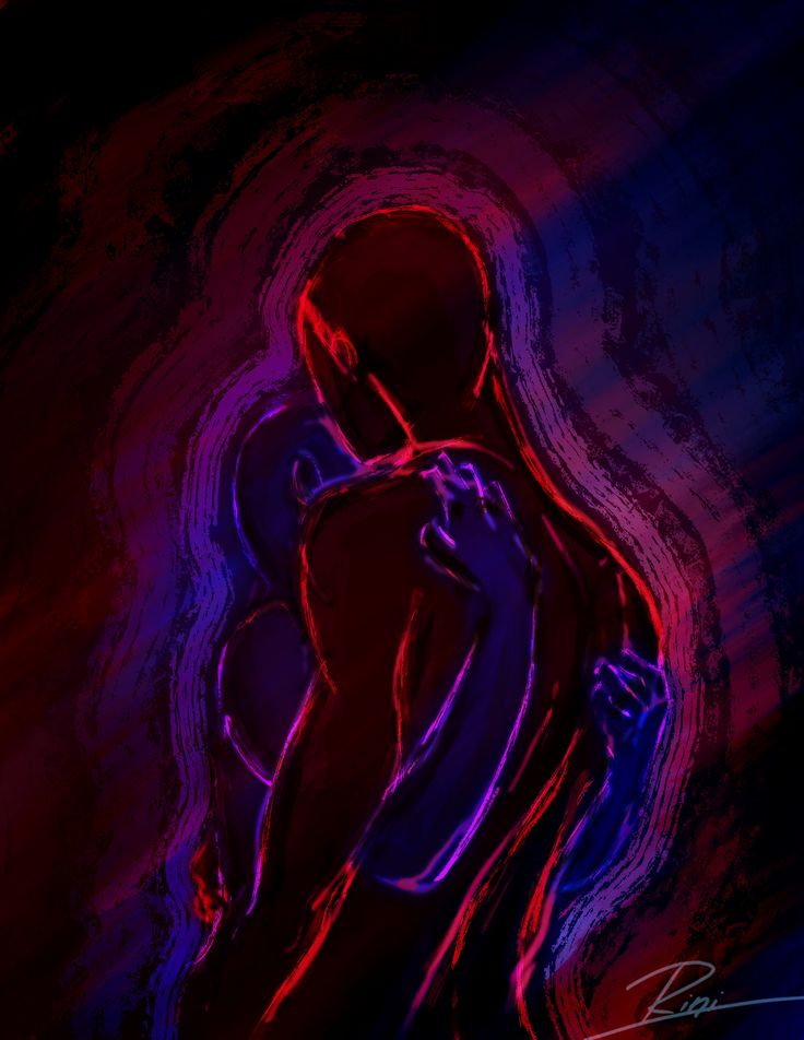 an abstract painting of a person hugging each other with red and purple light in the background