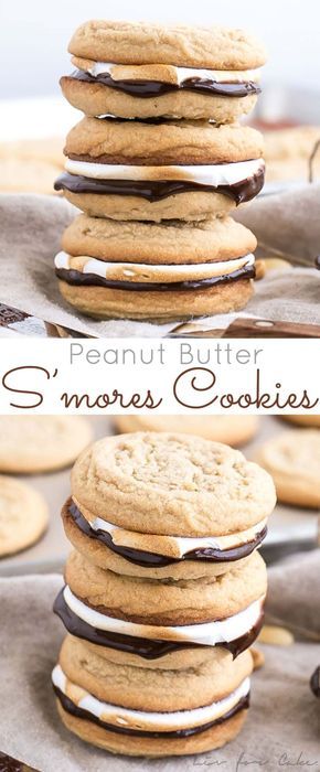 two pictures of cookies stacked on top of each other with the words, peanut butter s'mores cookies