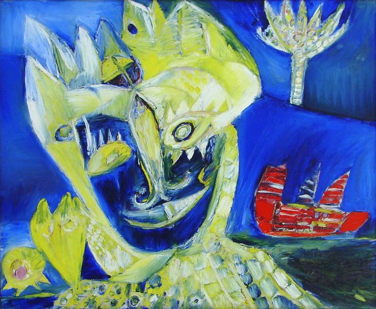 an abstract painting with yellow and blue colors, including two large fish in the water