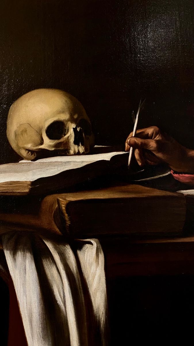 a painting of a human skull sitting on top of an open book with a pencil in it