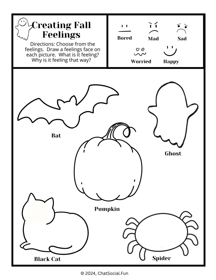 Practice feelings identification and perspective taking with the Creating Fall Feelings Worksheet.  The Halloween activity includes images of the feelings sad, bored, happy, worried, and mad.  Pick from the feelings and draw them onto pictures of  a pumpkin, bat, cat, spider, and ghost.  Nice play or art therapy activity for elementary school counseling. Build social skills by sharing your ideas with another person.  Fun for fall bulletin board. Fall Emotions Activities, Halloween Therapy Worksheet, Thanksgiving Counseling Activities, Halloween Counseling Activities, Halloween Therapy Activities For Kids, Halloween Therapy Activities, Therapy Halloween Activities, Social Emotional Worksheets, Feelings Identification