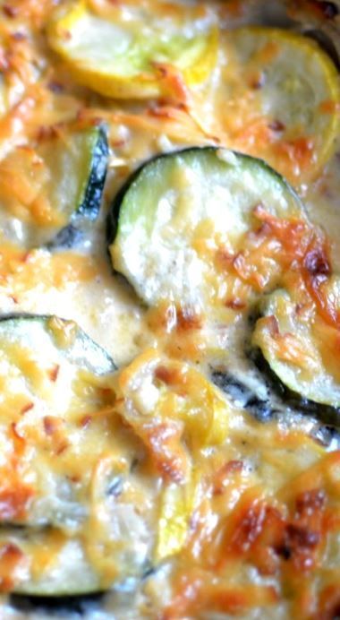 zucchini and squash casserole with cheese on top