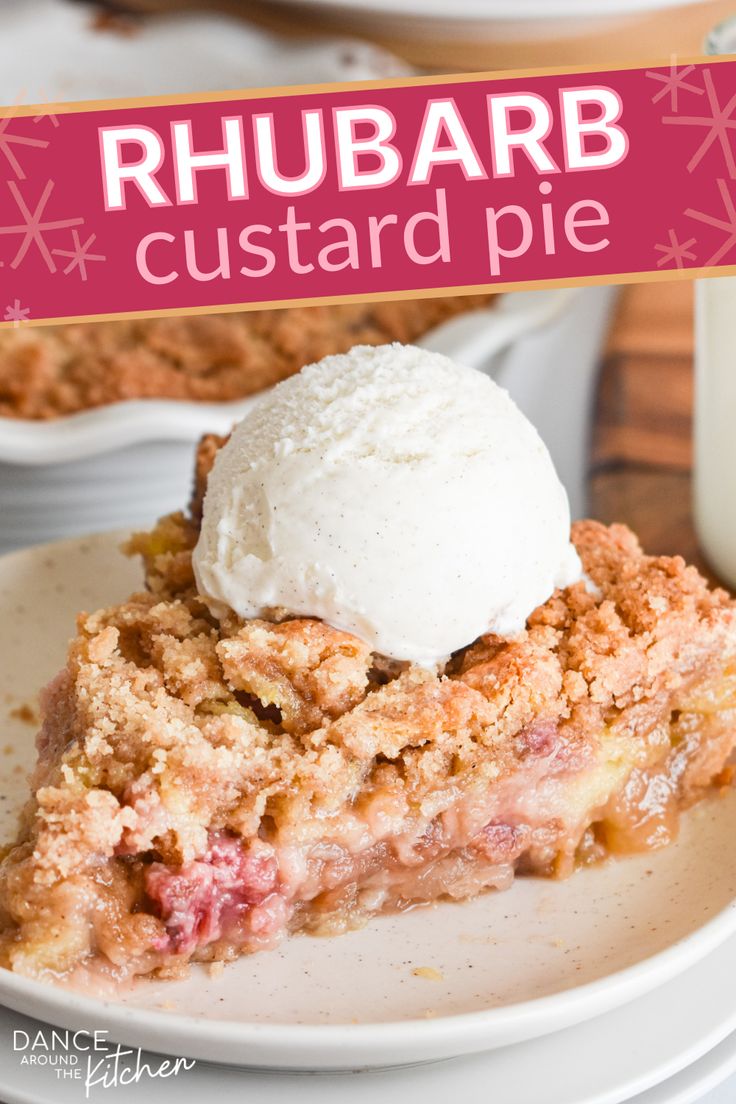 a close up of a slice of rhubarb custard pie on a plate