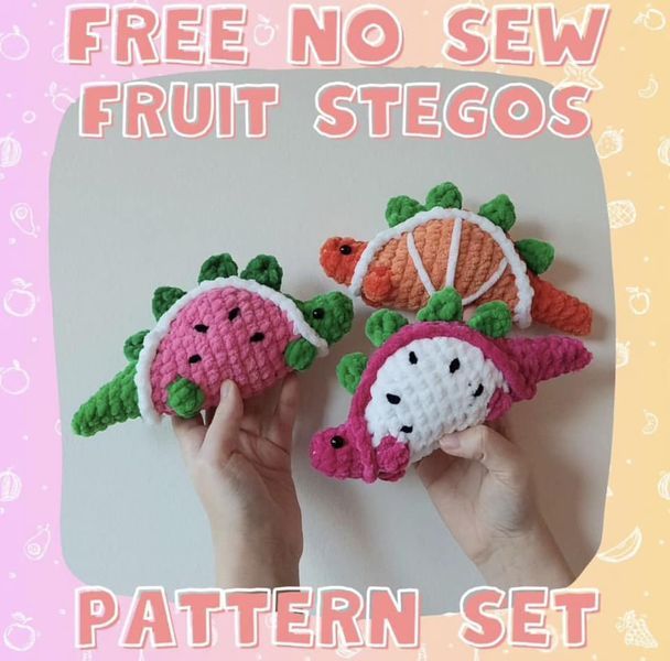 two small crocheted fruits are shown with the text free no sew fruit stegoss pattern set