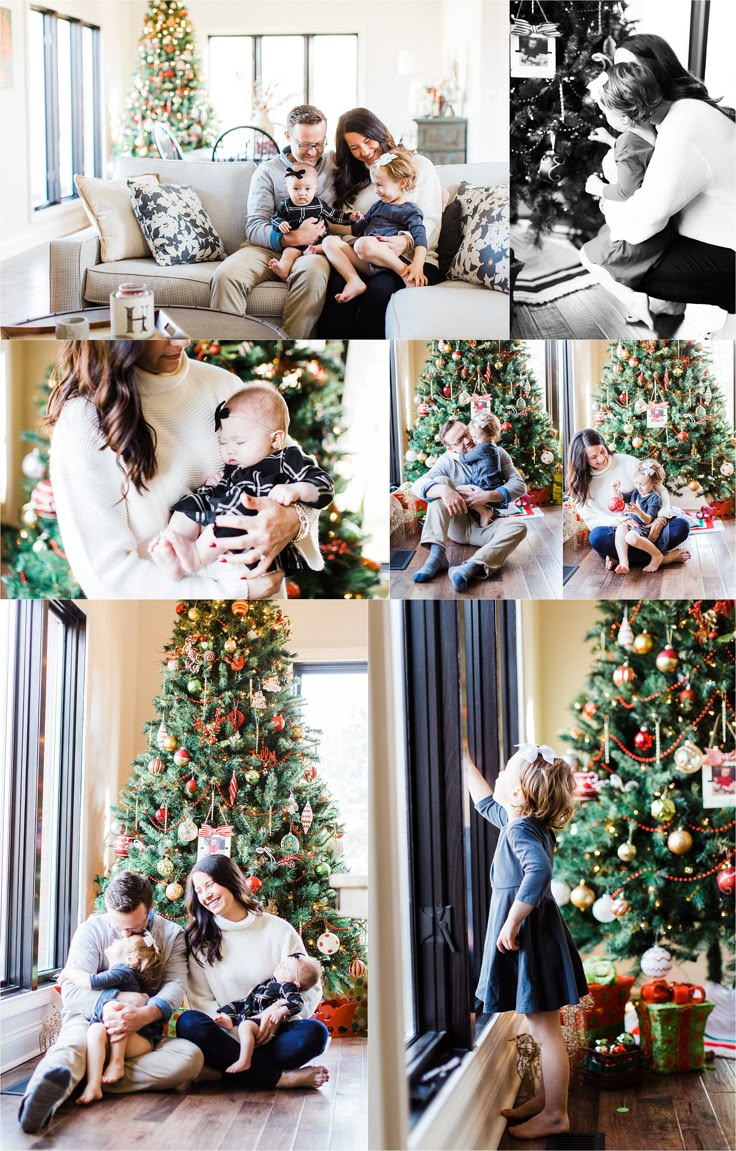 a family sitting in front of a christmas tree