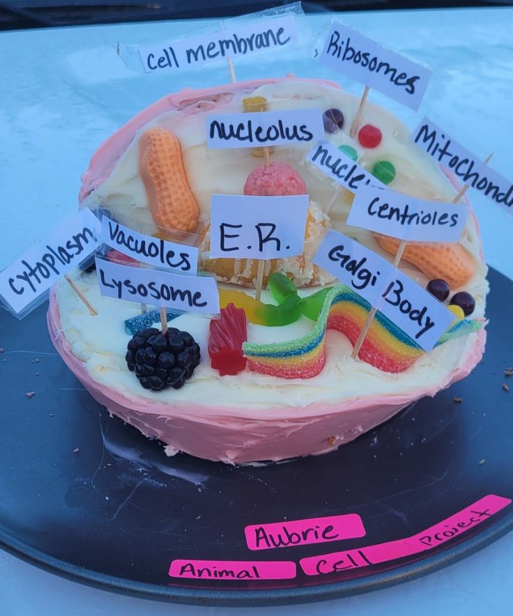 a cake that is decorated to look like a fruit bowl with name tags on it