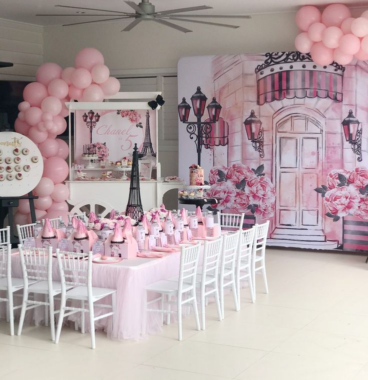 a room filled with tables and chairs covered in pink balloons next to a wall mural