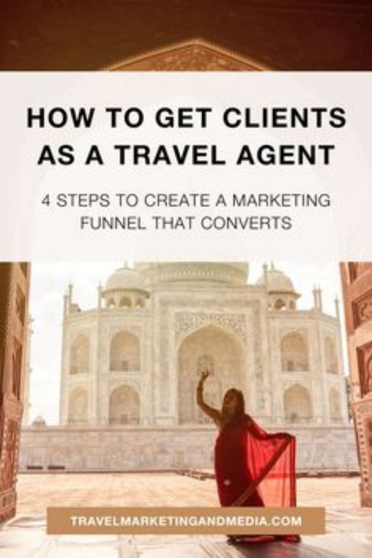 a woman sitting in front of a building with the words how to get client as a travel agent