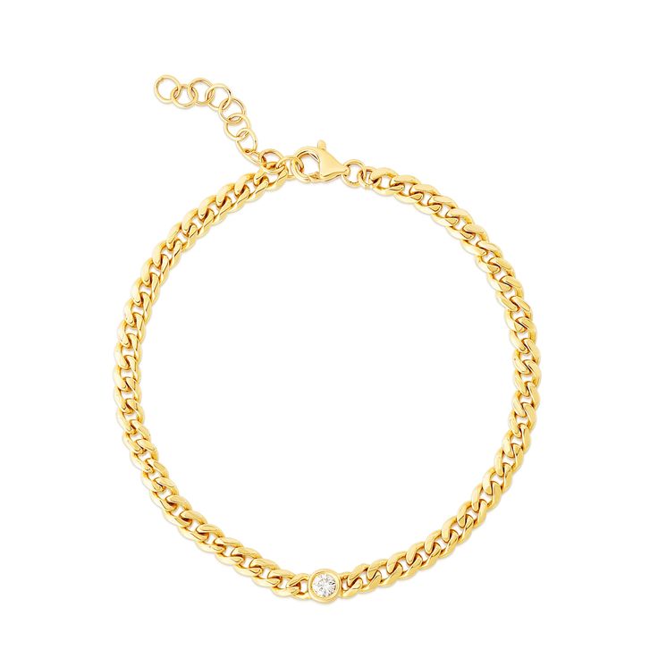 14k solid gold 1 round diamond, .08 carats Width: 3 mm Chain length: 6-7 inches adjustable Lobster clasp closure For more details on Shipping + Processing and our Final Sale Policy please see below. Diamond Curb Chain Link Bracelet, Diamond Chain Link Bracelet With Curb Chain, Luxury Gold Diamond Bracelet With Curb Chain, Yellow Gold Chain Bracelet With Bezel Setting, 14k Yellow Gold Chain Bracelet With Bezel Setting, Yellow Gold Diamond Bracelet With Curb Chain, Luxury Elegant Bezel Set Chain Bracelet, Gold Diamond Chain Bracelet With Bezel Setting, Curb Chain Bracelet