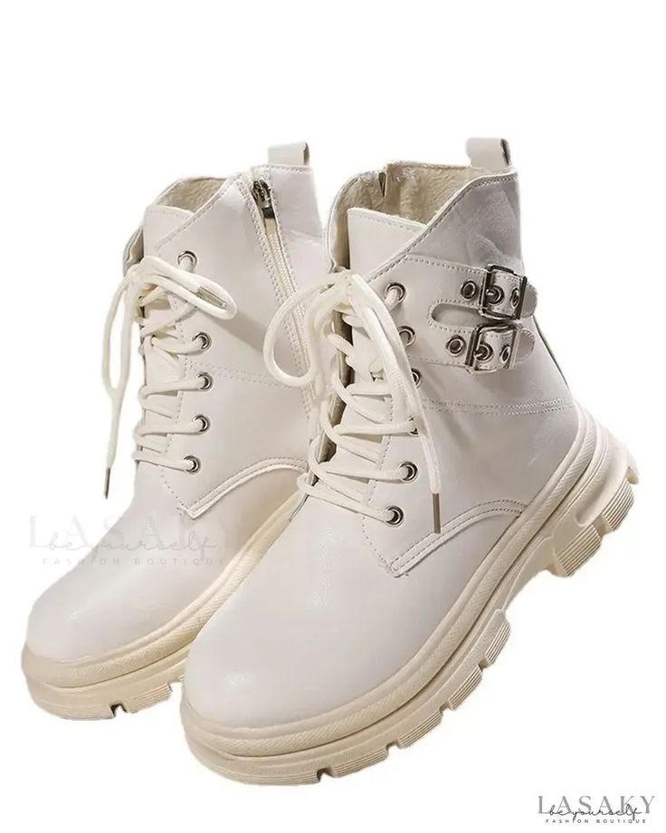 Lasaky - Eyelet Lace-Up Buckle Martin Boots Spring Martin Boots With Buckle Closure And Round Toe, Spring Moto Boots With Buckle Closure And Round Toe, Spring Flat Heel Boots With Buckle Closure, Spring Boots With Buckle Closure And Flat Heel, Spring Moto Boots With Buckle Closure, Casual Lace-up Ankle-high Boots With Buckle Closure, Casual Ankle-high Lace-up Boots With Buckle Closure, Casual High Ankle Lace-up Boots With Buckle, Casual Ankle-high Lace-up Boots With Buckle