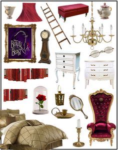 a collage of furniture and accessories including a bed, chair, mirror, lamp, table