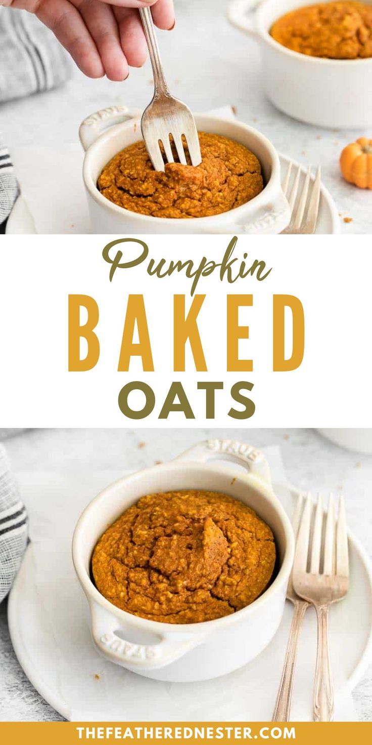 pumpkin baked oats in a white bowl with a fork