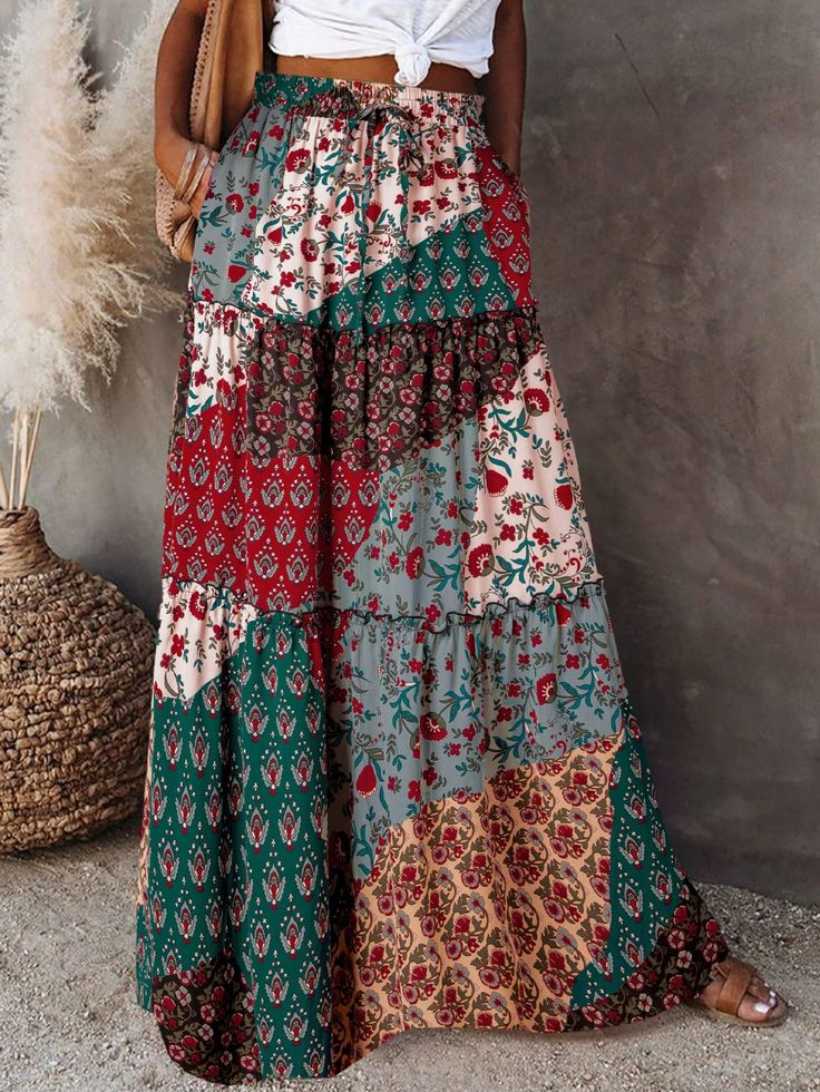 Boho Floral Patchwork Print Long Elastic Waist A Line Skirt With Pockets Green Boho   Woven Fabric Floral,Tribal,Plants,All Over Print Flared,Layered/Tiered Non-Stretch Fall,Spring,Spring/Fall,Summer,Winter,All,Spring/Summer,Fall/Winter,Spring/Summer/Fall Women Clothing, size features are:Bust: ,Length: ,Sleeve Length: Diy Long Maxi Skirt, Boho Denim Skirt, Boho Skirt Pattern Free, Boho Clothing Patterns, Boho Skirt Pattern, Boho Skirt Outfit, Patchwork Skirts, Clothes Stores, Diy Skirts