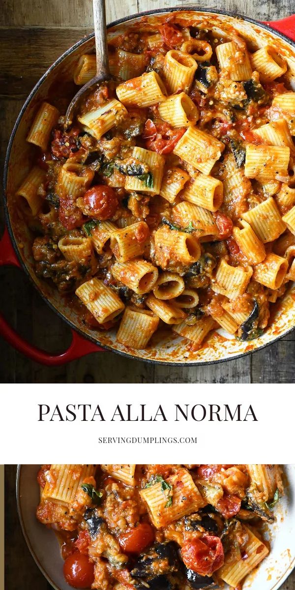 pasta alla norma with tomatoes and spinach in a skillet