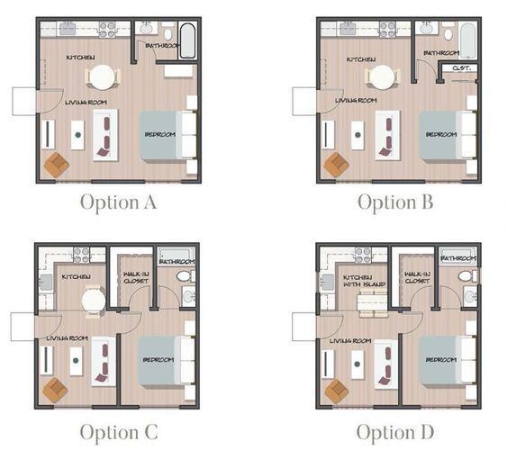 three floor plans for a small apartment with one bedroom, two bathrooms and an open kitchen