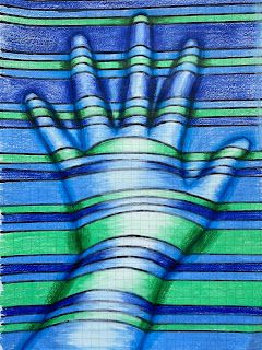 a drawing of a hand with blue and green stripes