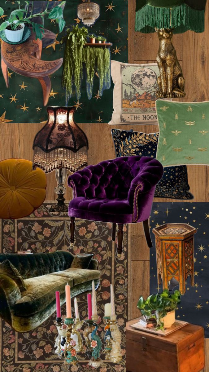 a collage of furniture and decor in various colors, shapes and sizes with gold stars on the wall