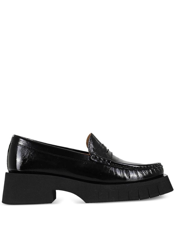 black calf leather patent finish crinkled finish chunky rubber sole piped-trim detailing almond toe branded leather insole Luxury Patent Leather Tassel Loafers With Leather Sole, Chic Patent Leather Loafers With Lug Sole, Spring Patent Leather Platform Loafers With Lug Sole, Almond Toe Patent Leather Platform Loafers With Leather Sole, Patent Leather Loafers With Textured Sole And Round Toe, Modern Patent Leather Loafers With Textured Sole, Formal Patent Leather Loafers With Chunky Platform, Pointed Toe Patent Leather Loafers With Textured Sole, Patent Leather Platform Loafers With Flat Heel